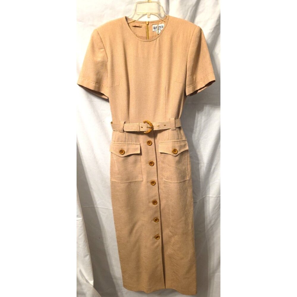 Vintage Kasper Bamboo Button Safari Dress Sz 6 Khaki Career Classy Lined Small